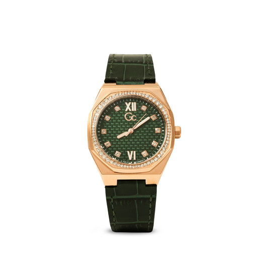 Royal Green Queen from the Guess collection - Coussin Sleek Lady Quartz, Stainless Steel & Leather Watch, 34mm